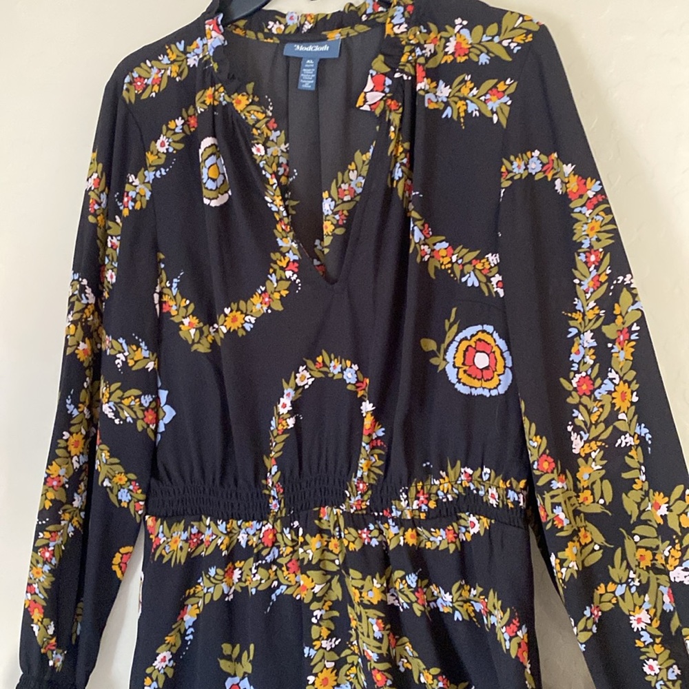 ModCloth Black Floral Long-Sleeve Dress
